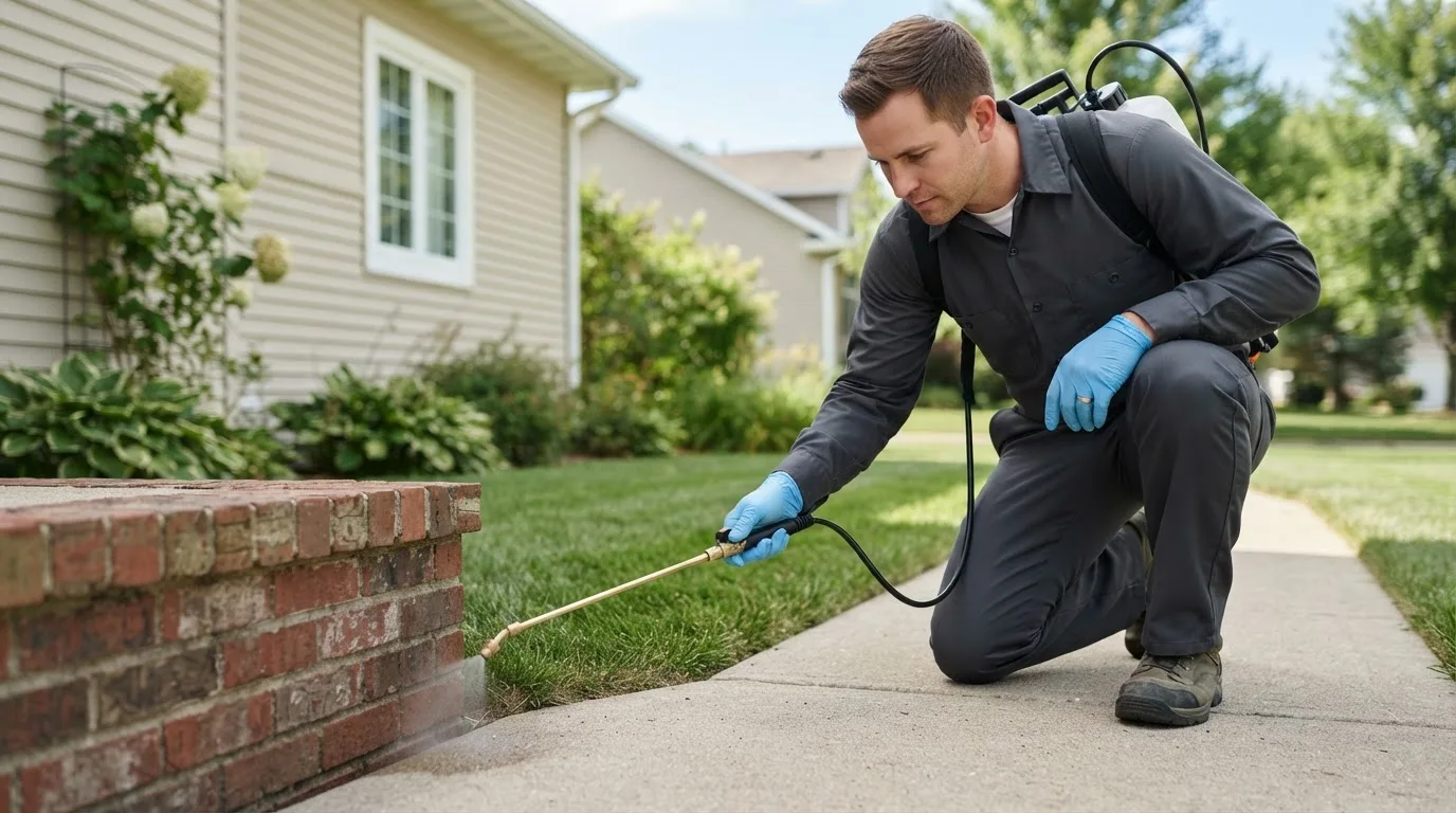 Pest control technician treating a home near Mosquero, NM